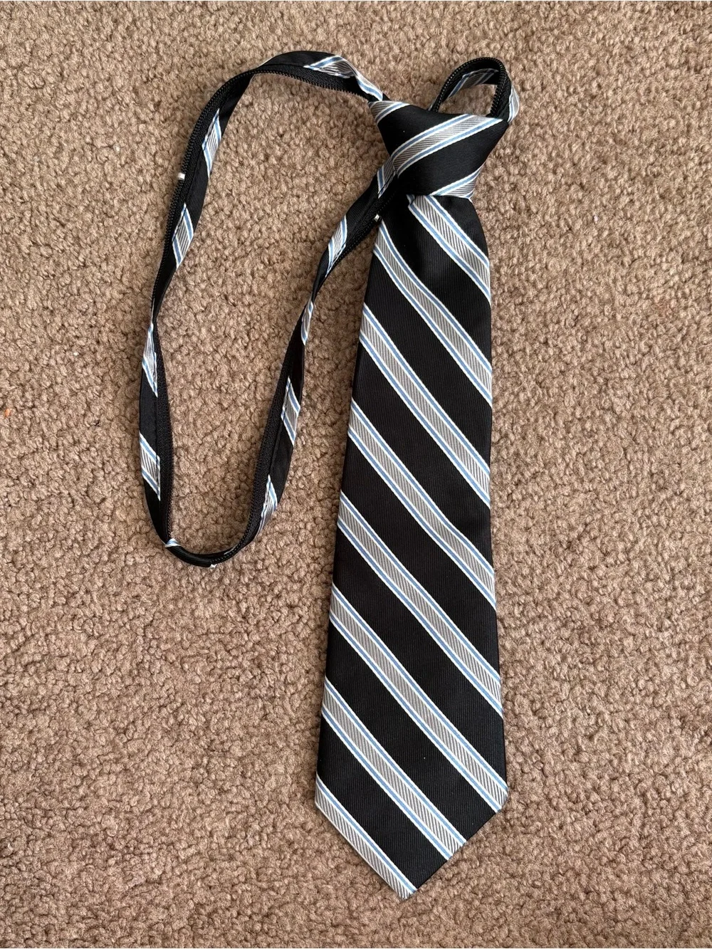 Class Club Boys Adjustable Zip Silk Woven Striped Tie Black Gray Blue